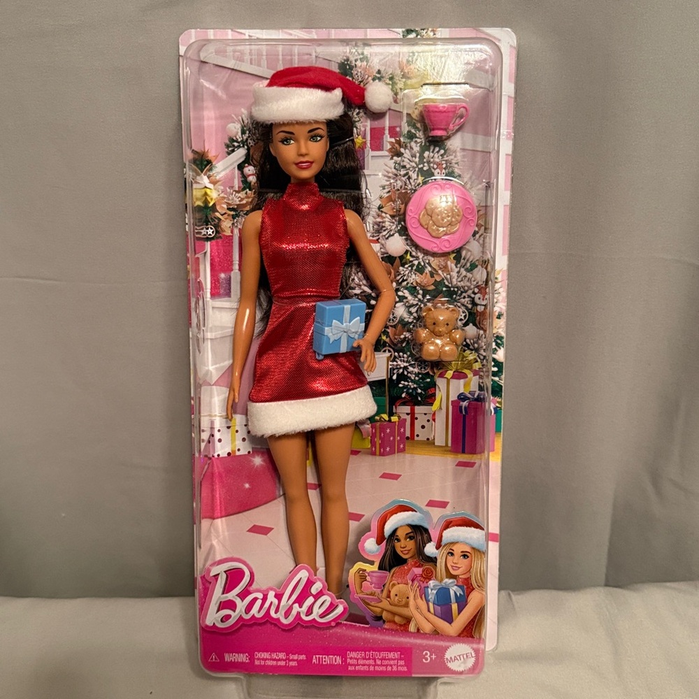 Barbie Santa Doll Cookies Milk Teddy Gift Brunette 2023 Mattel Christmas Doll
